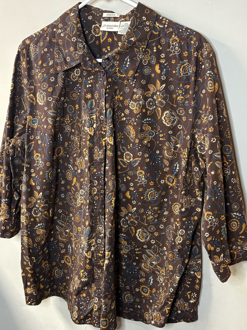 St. John's Bay size 20W, 3/4 sleeve Brown Floral Button-Down cotton blend blouse